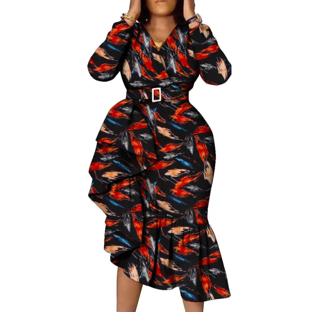 African Women’s Long Sleeve Dress – Wax Print Kitenge Ruffle Design with Irregular Hem Party Gown - Free Delivery Worldwide only at Flexi Africa