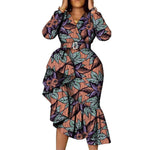 African Women’s Long Sleeve Dress – Wax Print Kitenge Ruffle Design with Irregular Hem Party Gown - Free Delivery Worldwide only at Flexi Africa