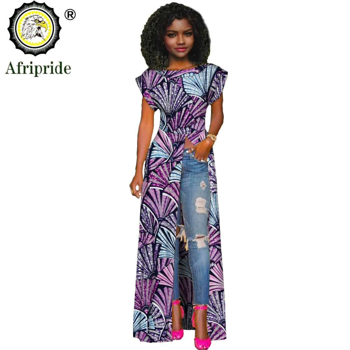 African Women's Long Trench Coat – Short Sleeve Bazin Riche Overcoat - Free Delivery Worldwide only at Flexi Africa