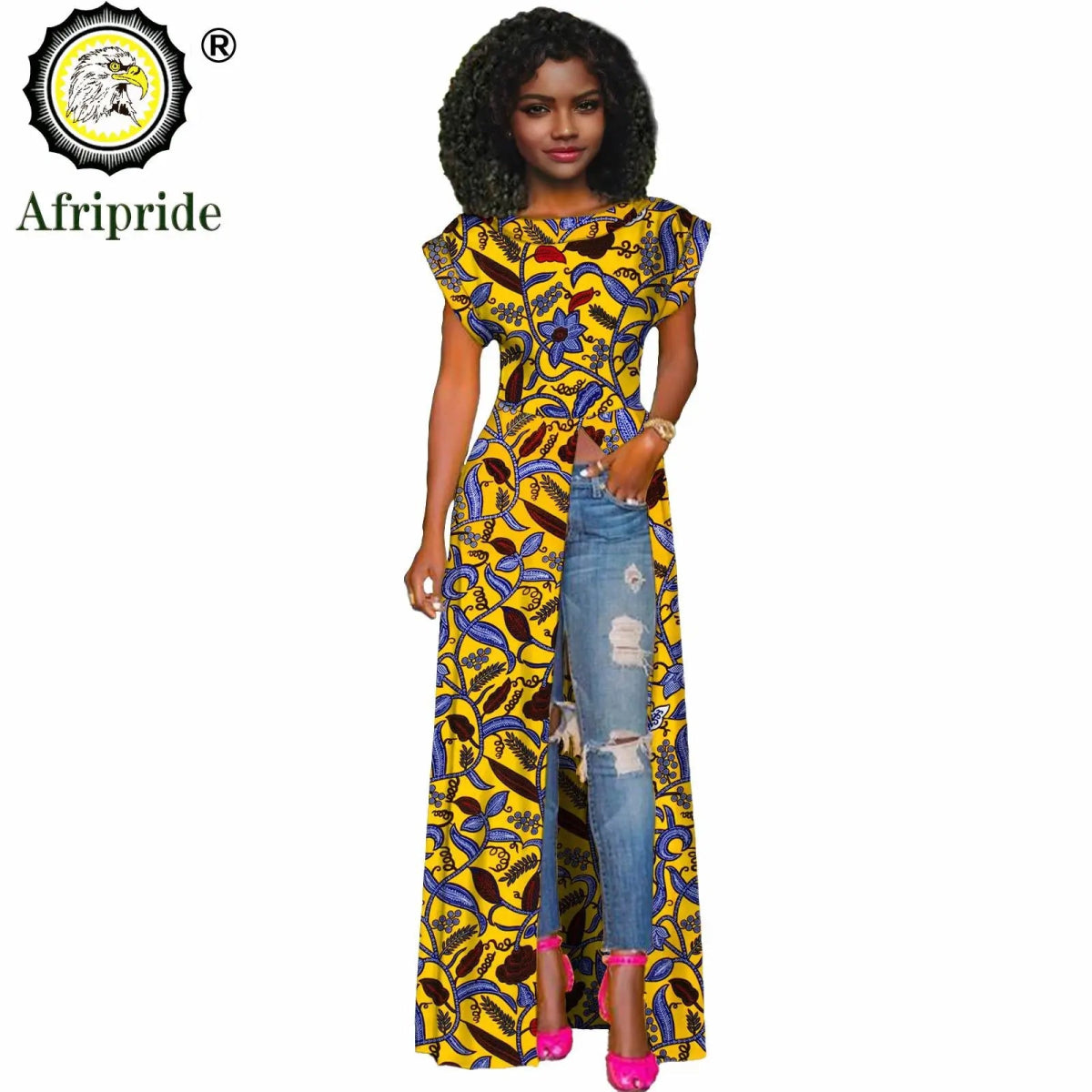 African Women's Long Trench Coat – Short Sleeve Bazin Riche Overcoat - Free Delivery Worldwide only at Flexi Africa