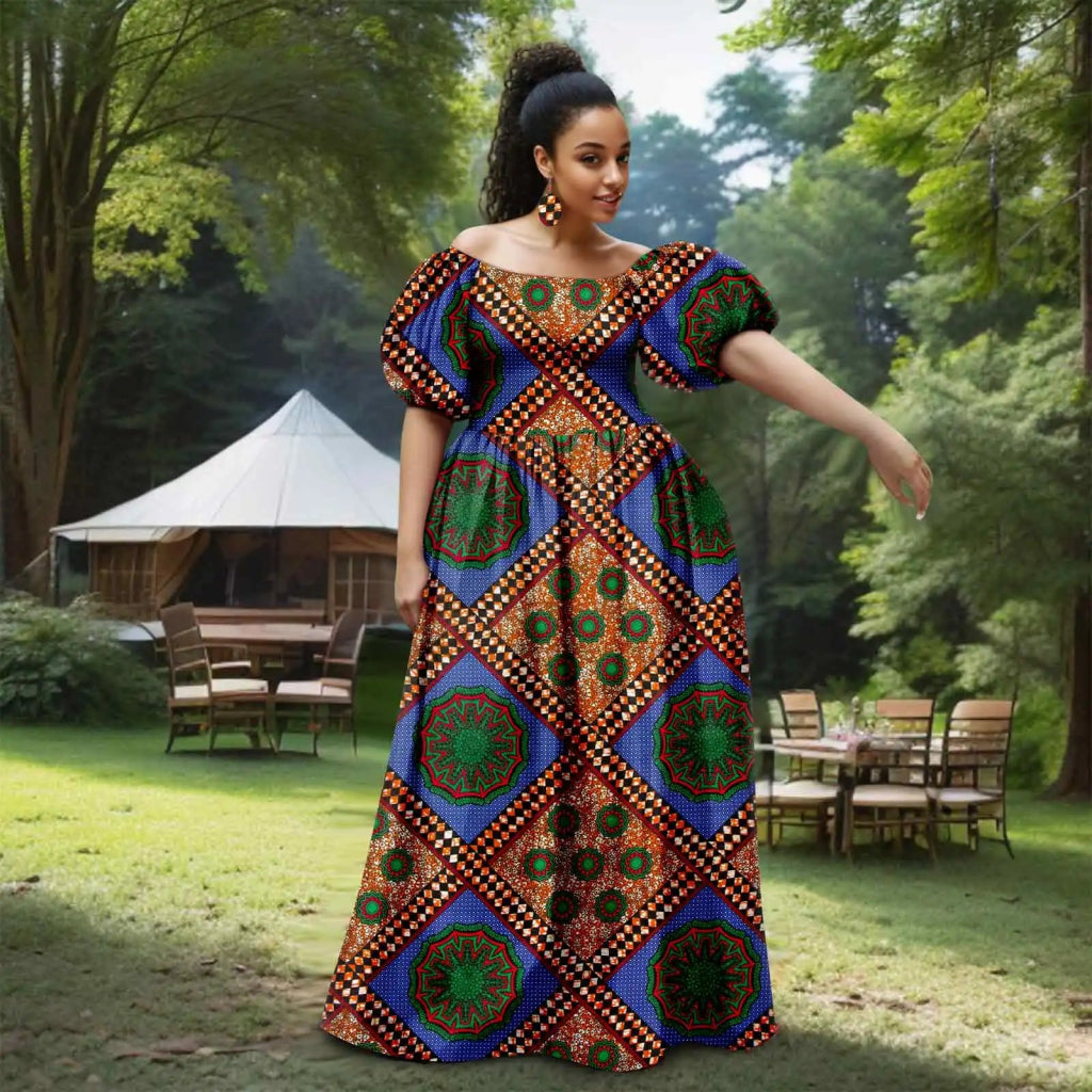 African Women’s Strapless Dress with Bubble Sleeves & Matching Earrings - Free Delivery Worldwide only at Flexi Africa