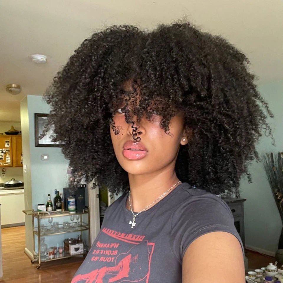 Afro Kinky Curly Human Hair Wigs with Bangs Wear to go Glueless Wig Remy Short Curly Bangs Wig Human Hair - Free Delivery