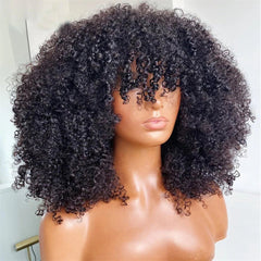 Afro Kinky Curly Human Hair Wigs with Bangs Wear to go Glueless Wig Remy Short Curly Bangs Wig Human Hair - Free Delivery