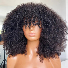 Afro Kinky Curly Human Hair Wigs with Bangs Wear to go Glueless Wig Remy Short Curly Bangs Wig Human Hair - Free Delivery