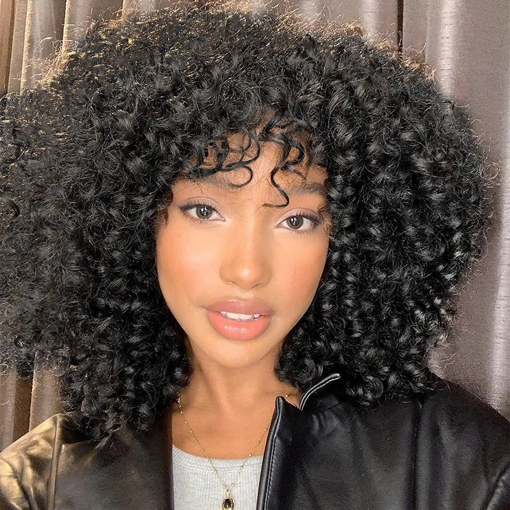 Afro Kinky Curly Human Hair Wigs with Bangs Wear to go Glueless Wig Remy Short Curly Bangs Wig Human Hair - Free Delivery