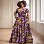 Batik Dress for Women – Short Sleeve Gold Stamped Design with Belt - Free Delivery Worldwide only at Flexi Africa