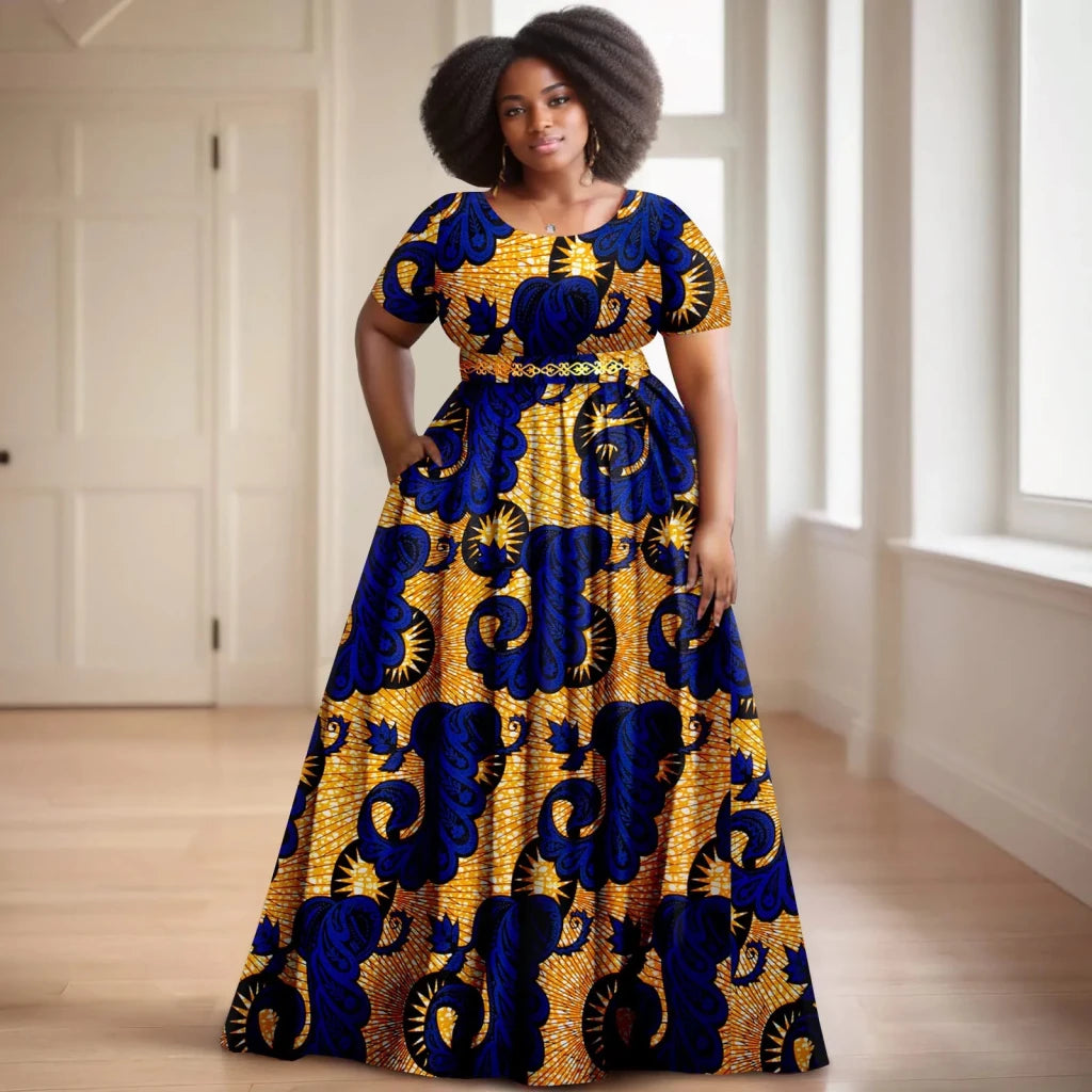 Batik Dress for Women – Short Sleeve Gold Stamped Design with Belt - Free Delivery Worldwide only at Flexi Africa