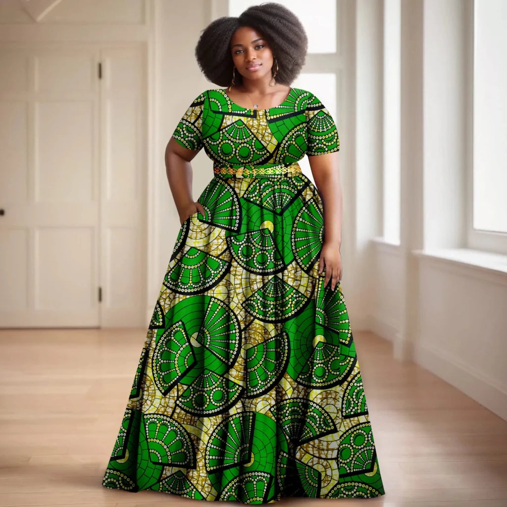 Batik Dress for Women – Short Sleeve Gold Stamped Design with Belt - Free Delivery Worldwide only at Flexi Africa