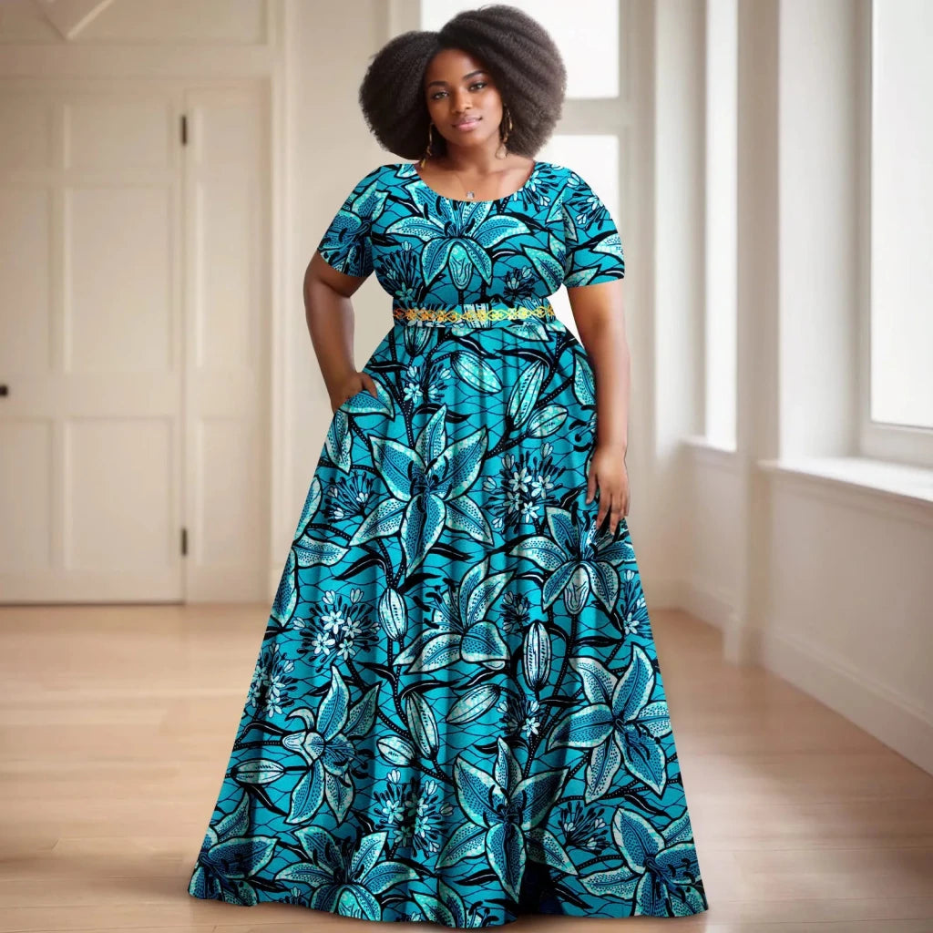 Batik Dress for Women – Short Sleeve Gold Stamped Design with Belt - Free Delivery Worldwide only at Flexi Africa