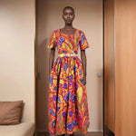 Batik Dress for Women – Short Sleeve Gold Stamped Design with Belt - Free Delivery Worldwide only at Flexi Africa