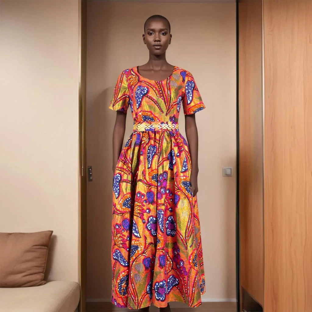 Batik Dress for Women – Short Sleeve Gold Stamped Design with Belt - Free Delivery Worldwide only at Flexi Africa