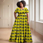 Batik Dress for Women – Short Sleeve Gold Stamped Design with Belt - Free Delivery Worldwide only at Flexi Africa