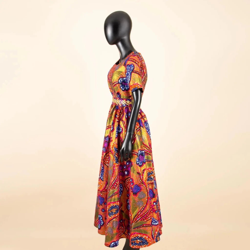 Batik Dress for Women – Short Sleeve Gold Stamped Design with Belt - Free Delivery Worldwide only at Flexi Africa