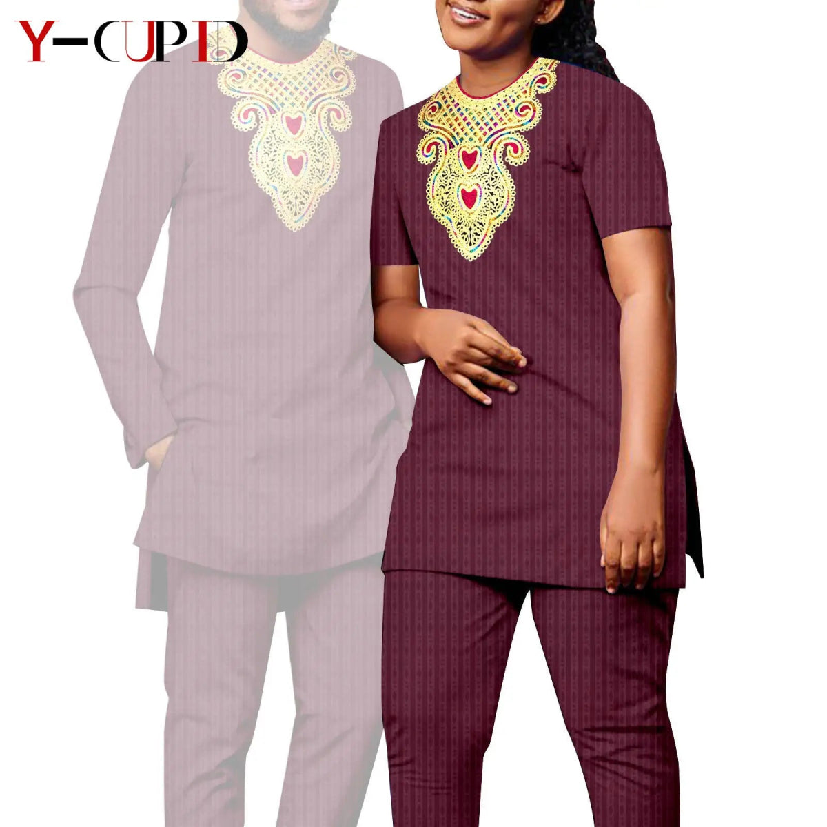 Bazin Riche Couple Outfit – Women’s Jacquard Top & Pants Set with Matching Men’s Kaftan Party Wear - Free Delivery Worldwide only at Flexi Africa