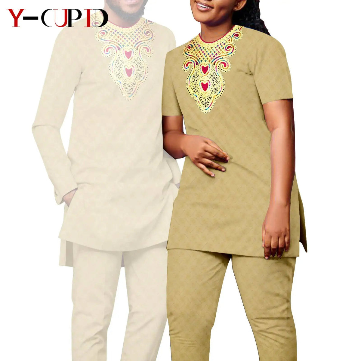 Bazin Riche Couple Outfit – Women’s Jacquard Top & Pants Set with Matching Men’s Kaftan Party Wear - Free Delivery Worldwide only at Flexi Africa