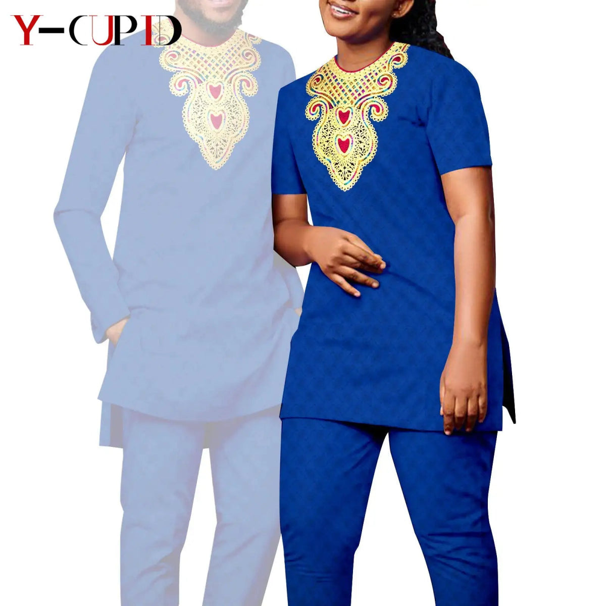 Bazin Riche Couple Outfit – Women’s Jacquard Top & Pants Set with Matching Men’s Kaftan Party Wear - Free Delivery Worldwide only at Flexi Africa