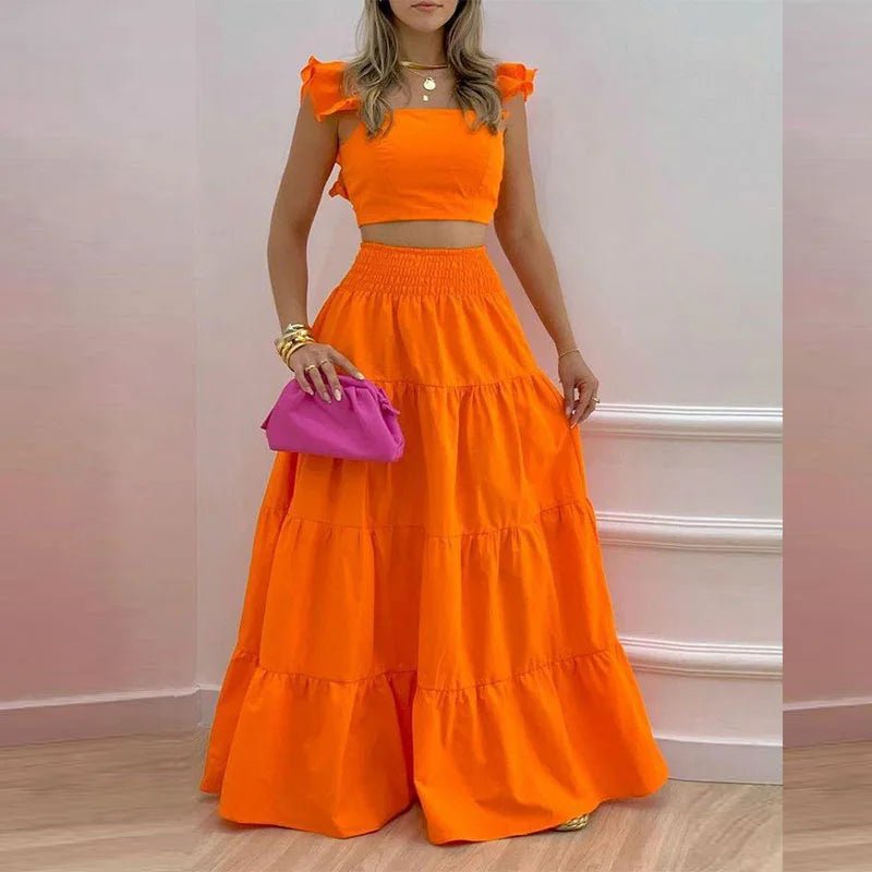 Bohemian Beach Chic: Women's 2 - Piece Set with Strapless Crop Top and Cascading Ruffles Long Skirt - Flexi Africa - Free Delivery Worldwide only at www.flexiafrica.com