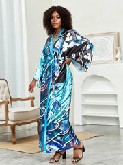 Boho Chic: Plus Size Lotus Print Kimono Cover Up with Open Front and Belt - Free Delivery Worldwide only at Flexi Africa