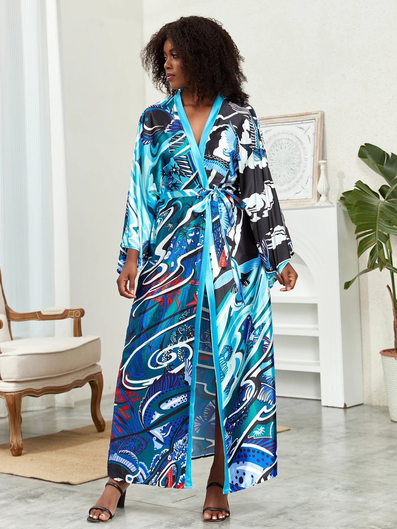 Boho Chic: Plus Size Lotus Print Kimono Cover Up with Open Front and Belt - Free Delivery Worldwide only at Flexi Africa