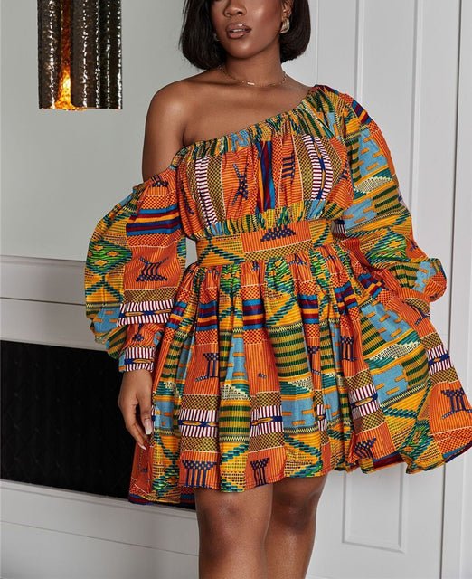 Bold and Beautiful African Print Off-Shoulder Mini Dress - Flexi Africa - Flexi Africa offers Free Delivery Worldwide - Vibrant African traditional clothing showcasing bold prints and intricate designs