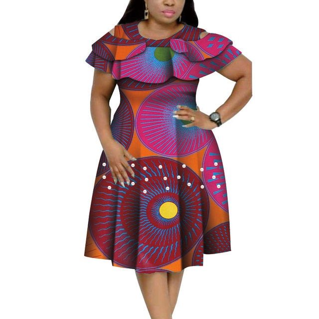Bazin Riche African Ruffles Collar Dress with Dashiki Print and Pearls for Women. Flexi Africa offers Free Delivery Worldwide