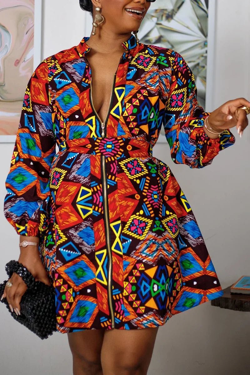 Chic Daily Ankara Print Lantern Sleeve Mini Dress - New Casual Elegant Short Dress - Flexi Africa - Free Delivery Worldwide only at www.flexiafrica.com