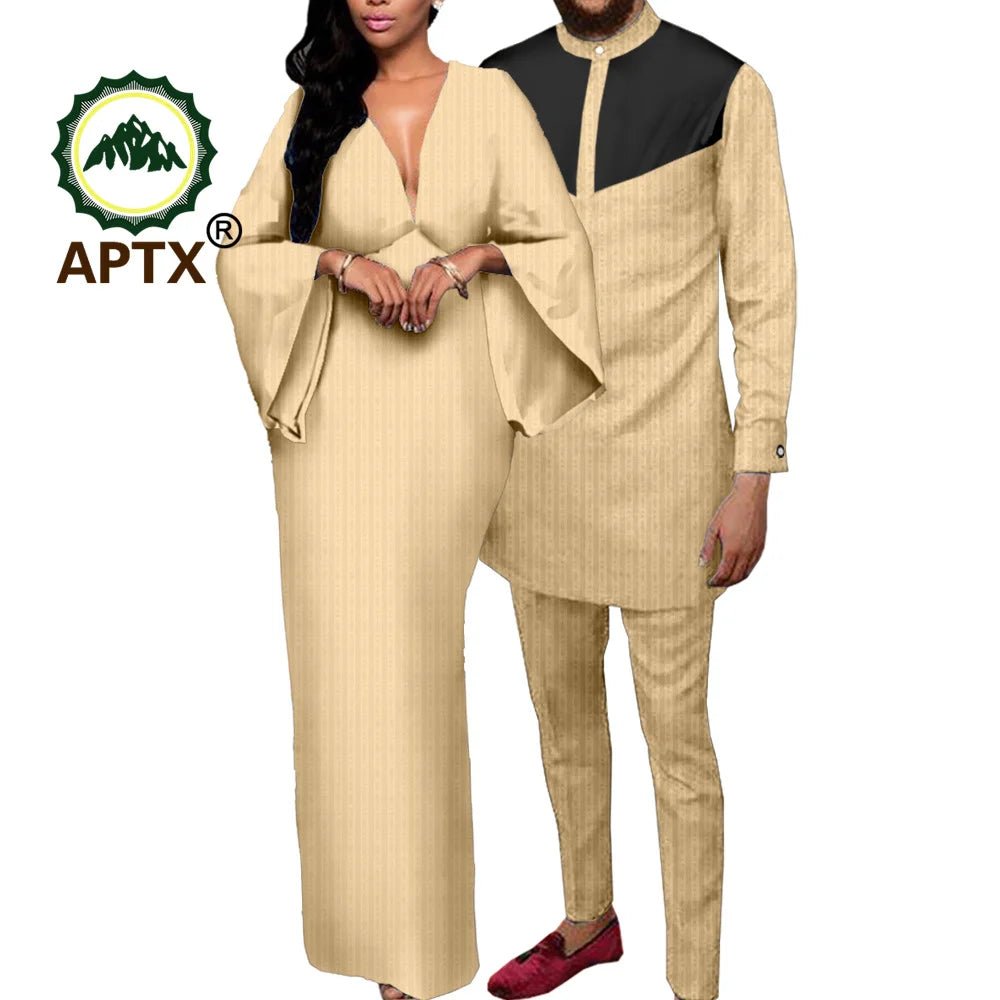 Dashiki African Couple Clothing – Sexy V - Neck Women’s Prom Dress with Matching Men’s Shirt & Pants Set - Free Delivery Worldwide only at Flexi Africa