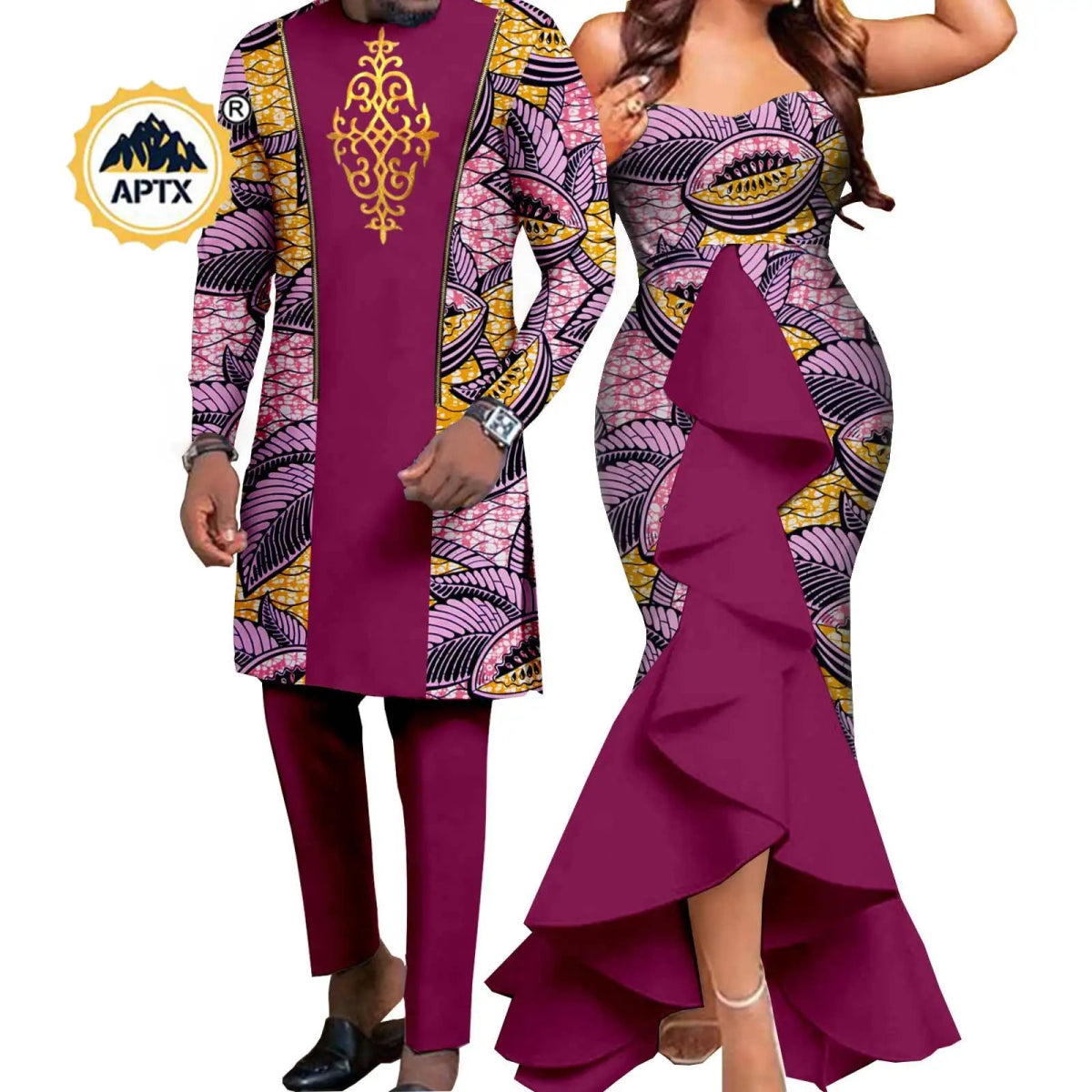 Dashiki African Couple Wedding Set – Women’s Mermaid Dress & Matching Men’s Bazin Riche Shirt and Pants - Free Delivery