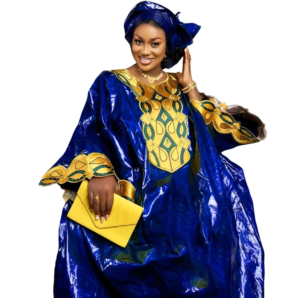 Elegant African Bazin Riche Embroidery Maxi Dress for Women - Free Delivery Worldwide only at Flexi Africa