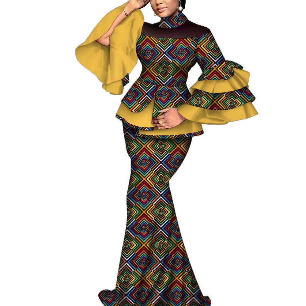Elegant African Dashiki Outfit for Women – Flare Sleeve Blouse and Maxi Long Skirt 2PC Set - Free Delivery Worldwide only at Flexi Africa
