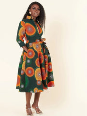 Elegant African - Inspired Geometric Print Midi Shirt Dress – V - Neck, Fitted Fall Style - Free Delivery Worldwide only at Flexi Africa