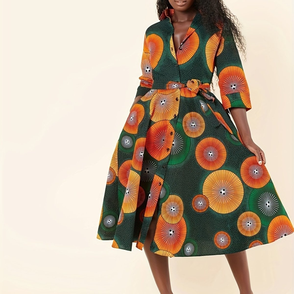 Elegant African - Inspired Geometric Print Midi Shirt Dress – V - Neck, Fitted Fall Style - Free Delivery Worldwide only at Flexi Africa