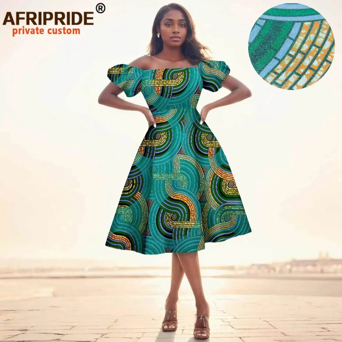 Elegant African Midi Dress – High - Waist Ankara Fashion Wear with Short Sleeves - Free Delivery Worldwide only at Flexi Africa