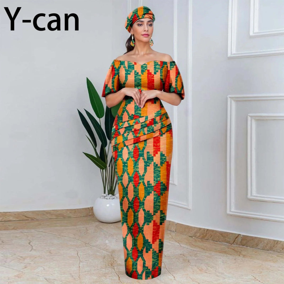 Elegant African Off - Shoulder Maxi Dress with Matching Headscarf & Earrings - Free Delivery Worldwide only at Flexi Africa