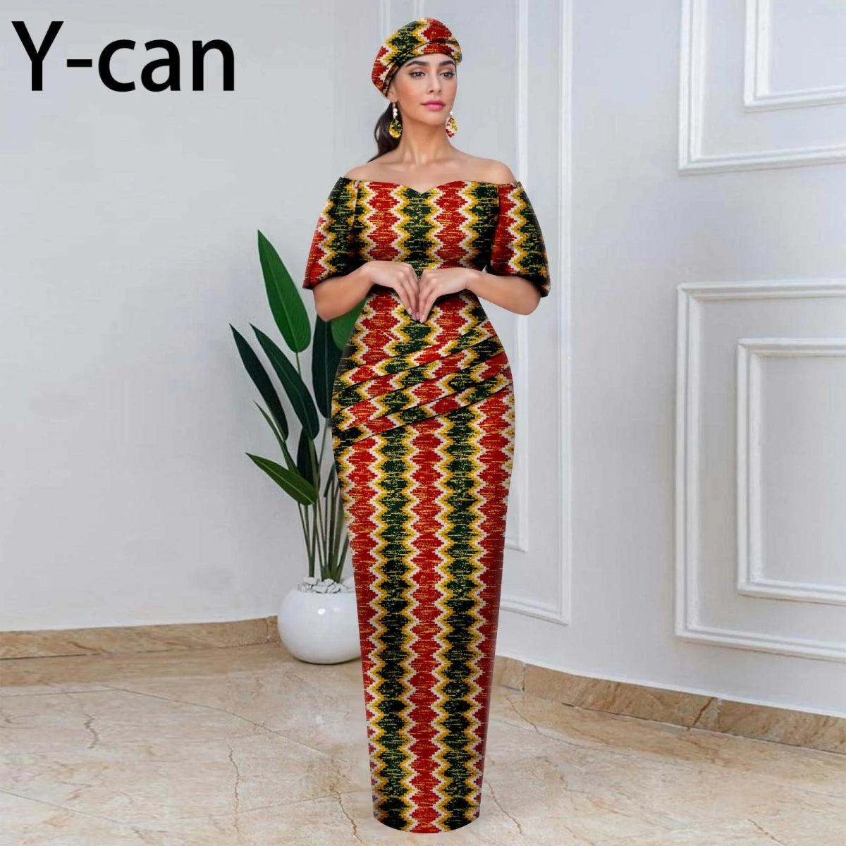Elegant African Off - Shoulder Maxi Dress with Matching Headscarf & Earrings - Free Delivery Worldwide only at Flexi Africa