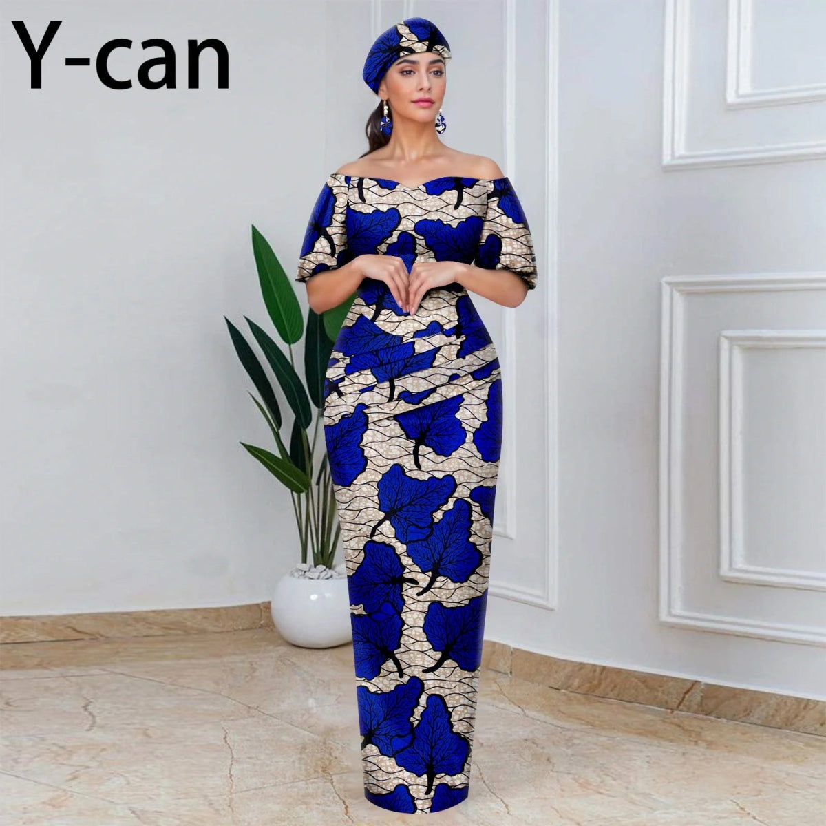 Elegant African Off - Shoulder Maxi Dress with Matching Headscarf & Earrings - Free Delivery Worldwide only at Flexi Africa