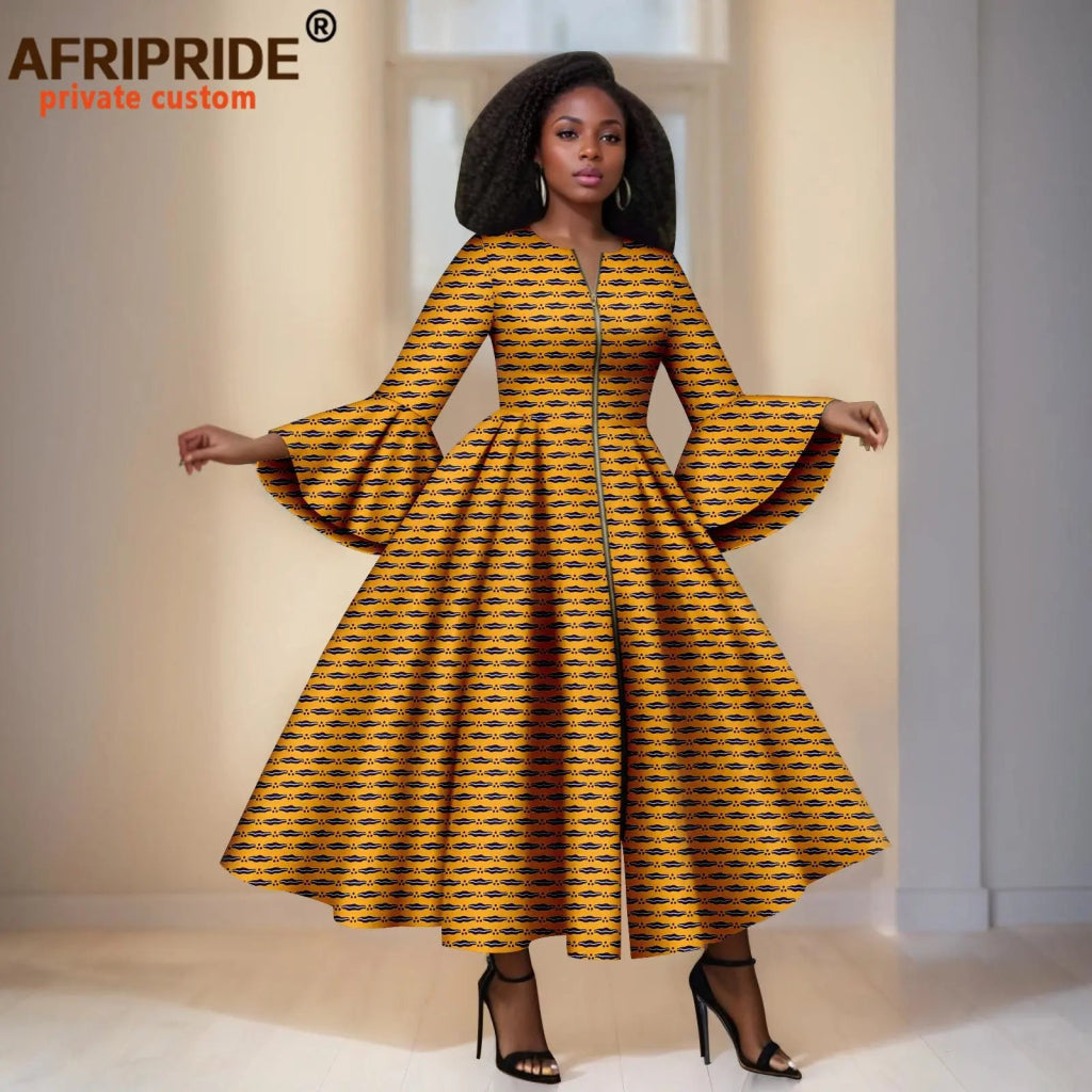 Elegant African Print Long Dress – Flare Sleeve Dashiki Maxi Style for Women - Free Delivery Worldwide only at Flexi Africa