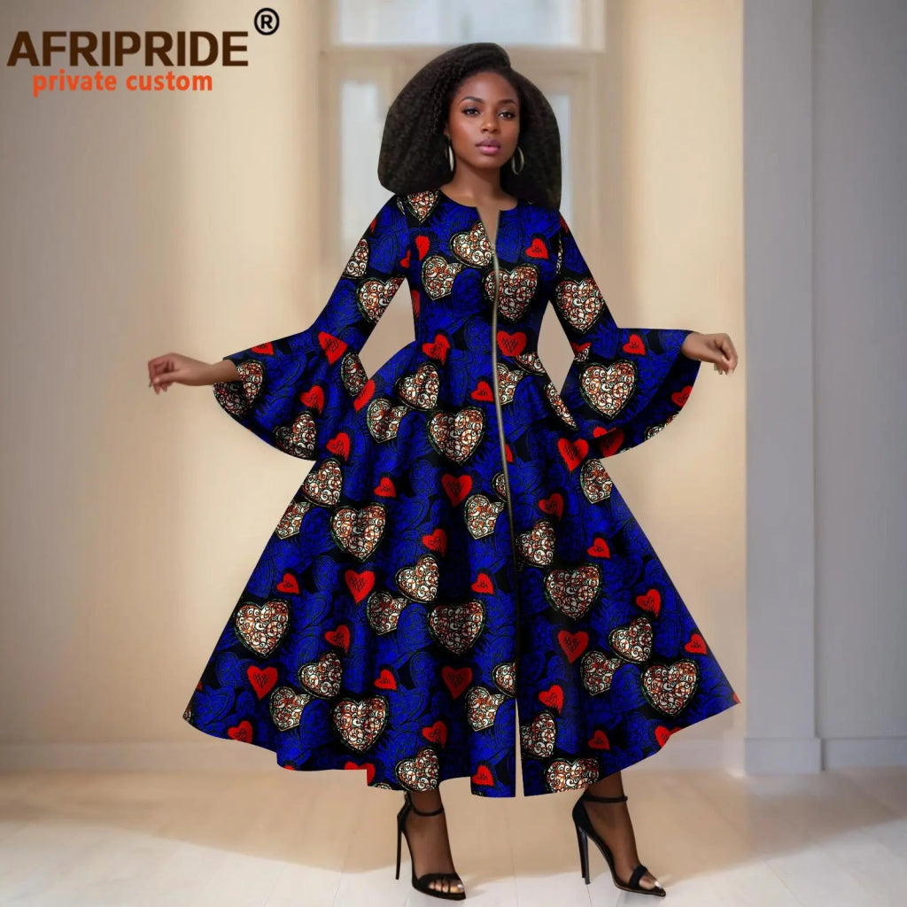 Elegant African Print Long Dress – Flare Sleeve Dashiki Maxi Style for Women - Free Delivery Worldwide only at Flexi Africa