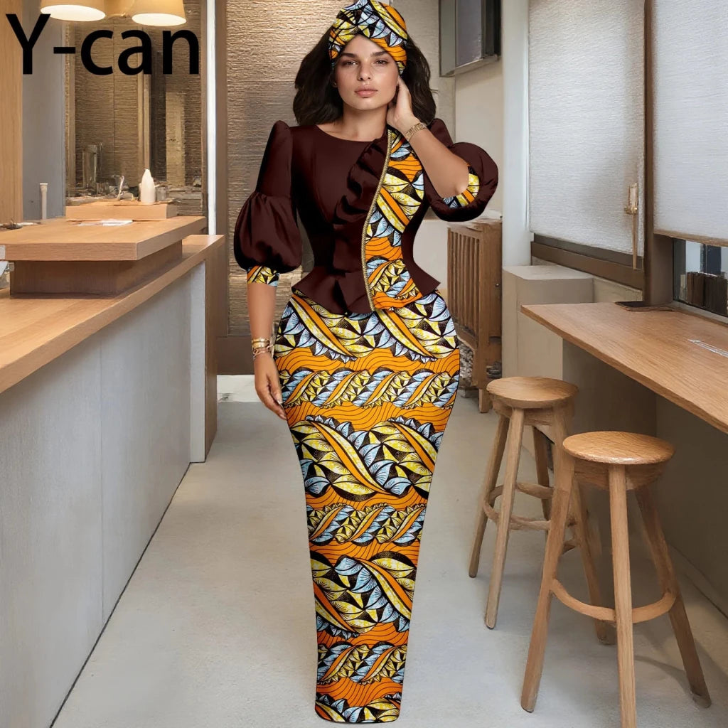 Elegant African Skirt Set – Lantern Sleeve Ruffled Top, Slim Skirt & Matching Headwrap - Free Delivery Worldwide only at Flexi Africa
