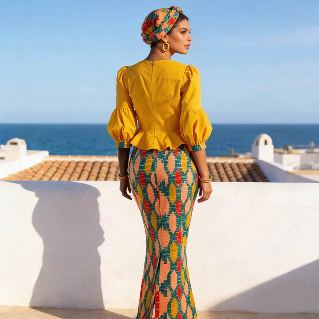 Elegant African Skirt Set – Lantern Sleeve Ruffled Top, Slim Skirt & Matching Headwrap - Free Delivery Worldwide only at Flexi Africa