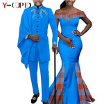 Elegant African Wedding Couple Outfits – Women's Slim Fit Mermaid Dress & Men's Bazin Riche Jacket Pant Set with Hat - Free Delivery Worldwide only at Flexi Africa