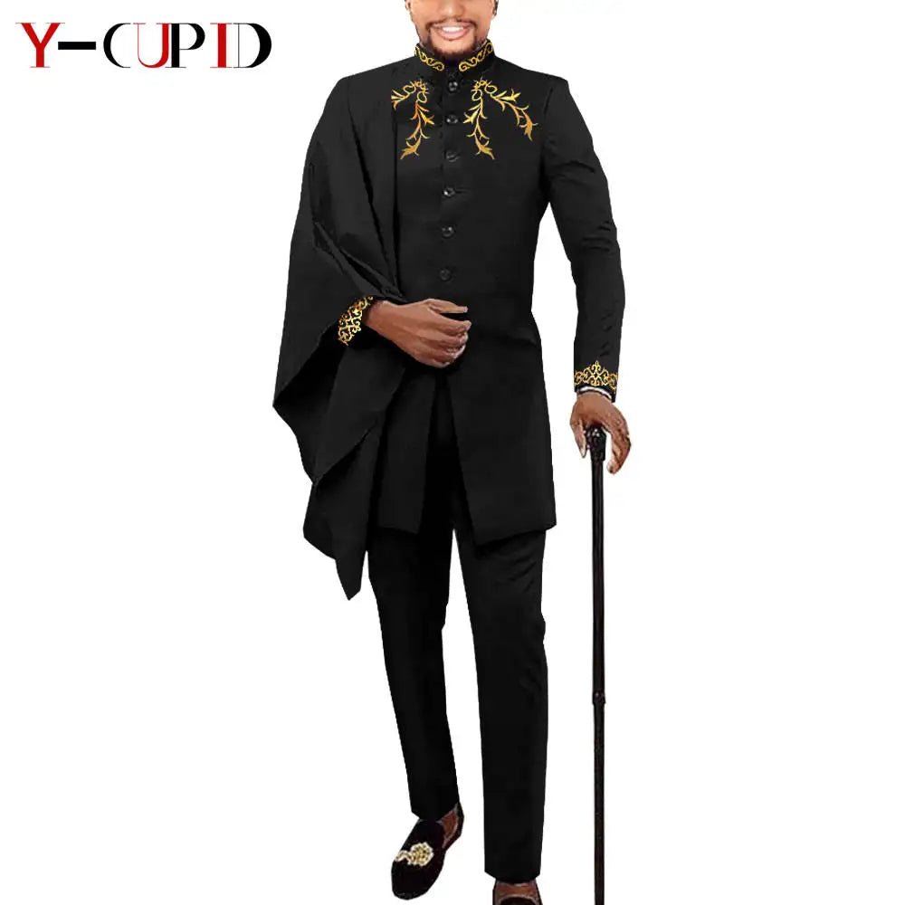 Elegant African Wedding Couple Outfits – Women's Slim Fit Mermaid Dress & Men's Bazin Riche Jacket Pant Set with Hat - Free Delivery Worldwide only at Flexi Africa