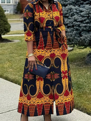 Elegant Geometric Print Midi Dress with Belt - Casual Chic, Button - Up Collar, Non - Stretch Polyester Fabric, Machine Washable - Free Delivery Worldwide only at Flexi Africa