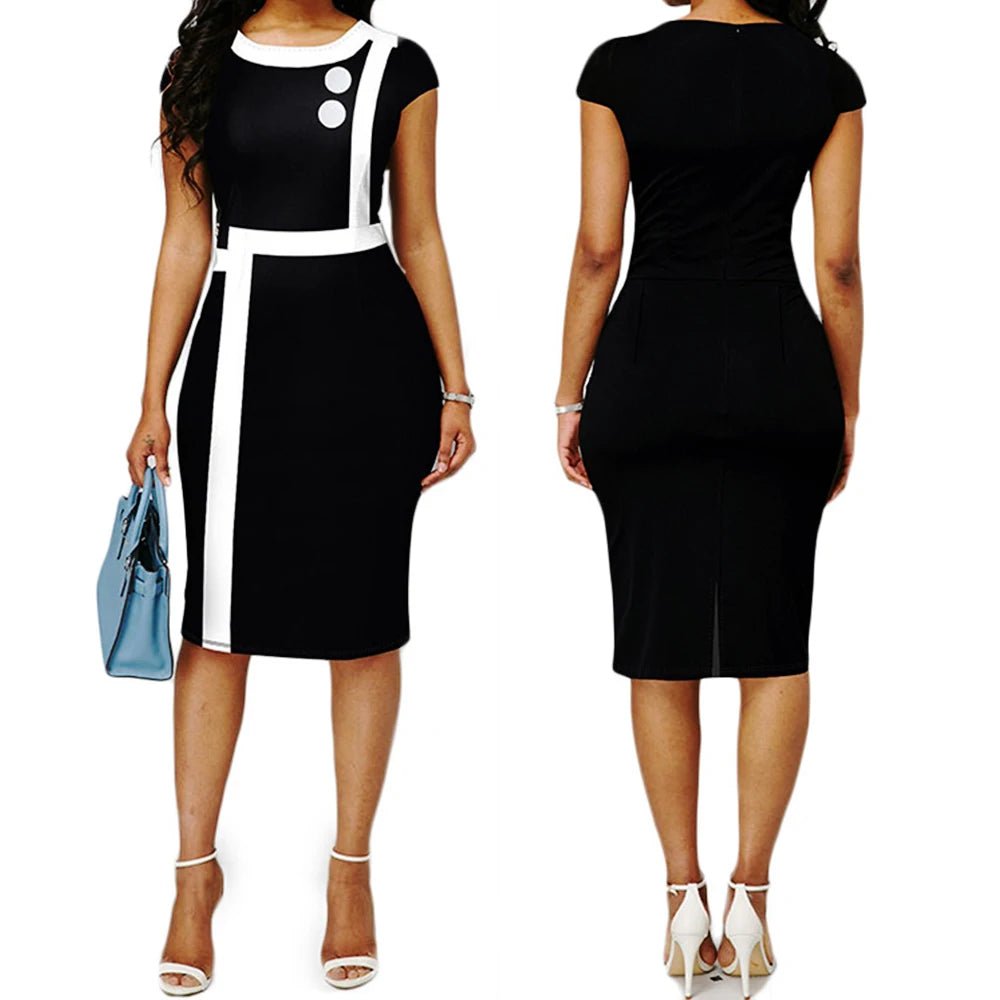 Elegant Black White Dress Women Summer Short Sleeve Slim Office Lady Pencil Bodycon Dresses Party Vestido - Free Delivery