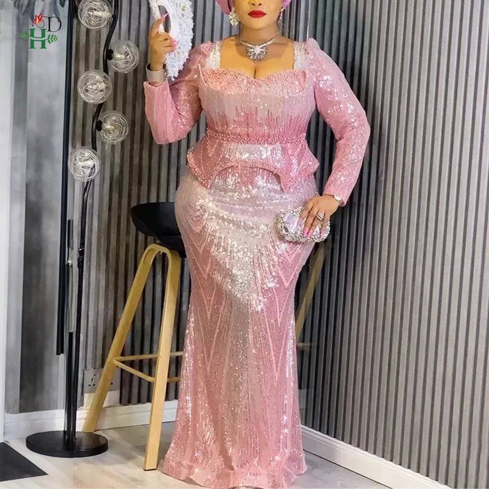 Elegant Plus Size African Party Dress – Dashiki Sequin Wedding Maxi Gown - Free Delivery Worldwide only at Flexi Africa
