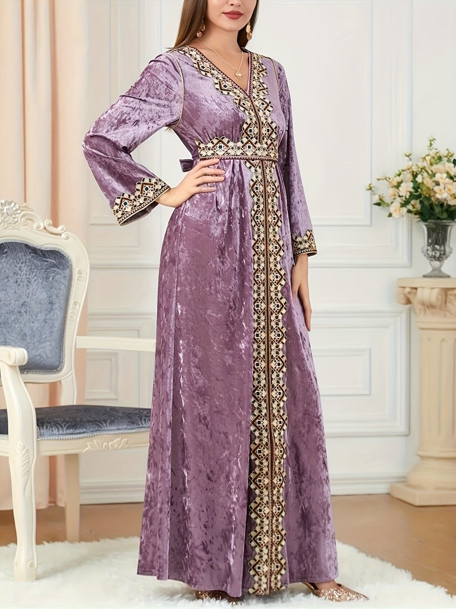 Elegant Velvet Embroidered Abaya Kaftan for Women – V - Neck Maxi Dress with Belt - Free Delivery Worldwide only at Flexi Africa