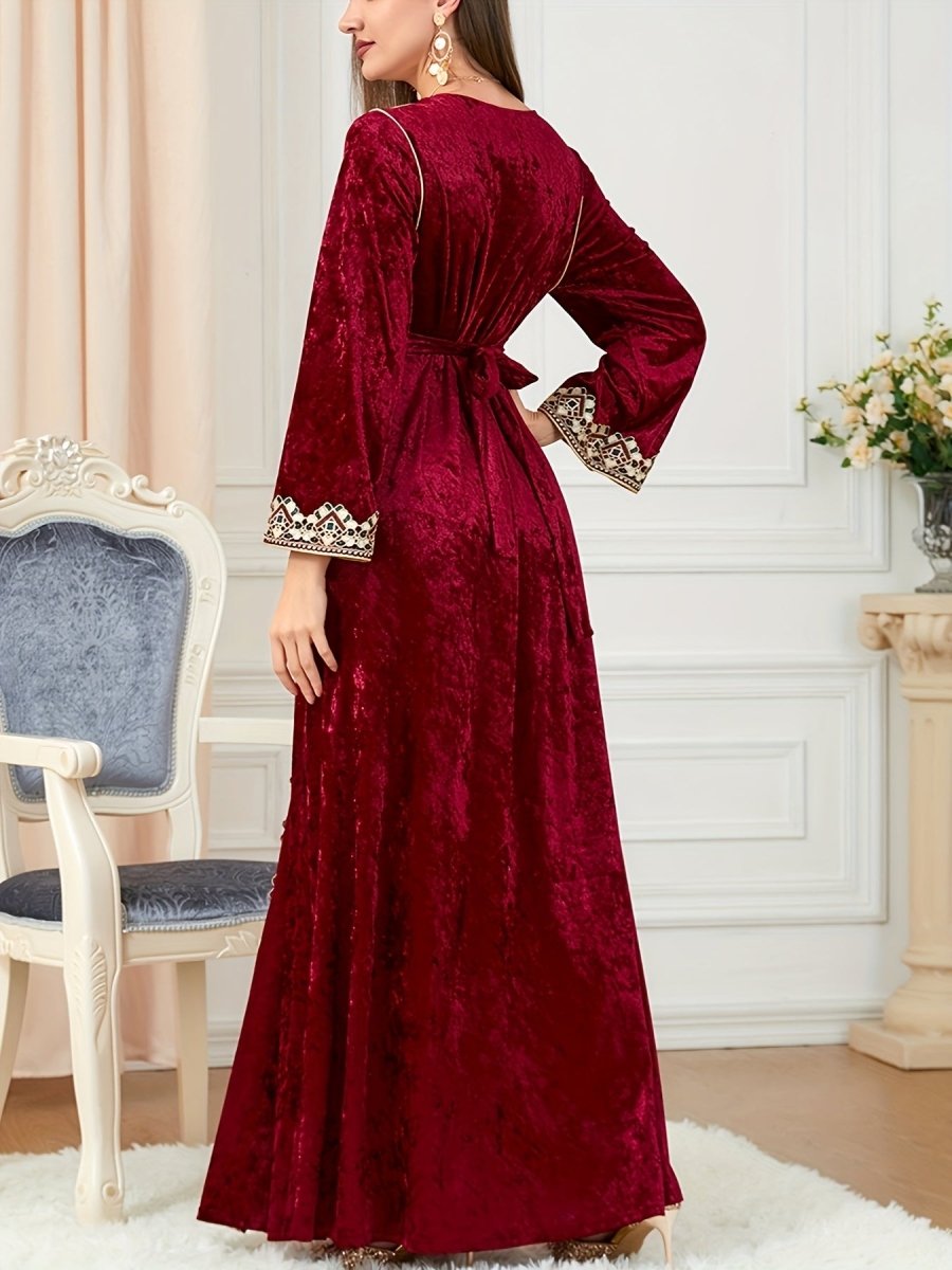 Elegant Velvet Embroidered Abaya Kaftan for Women – V - Neck Maxi Dress with Belt - Free Delivery Worldwide only at Flexi Africa