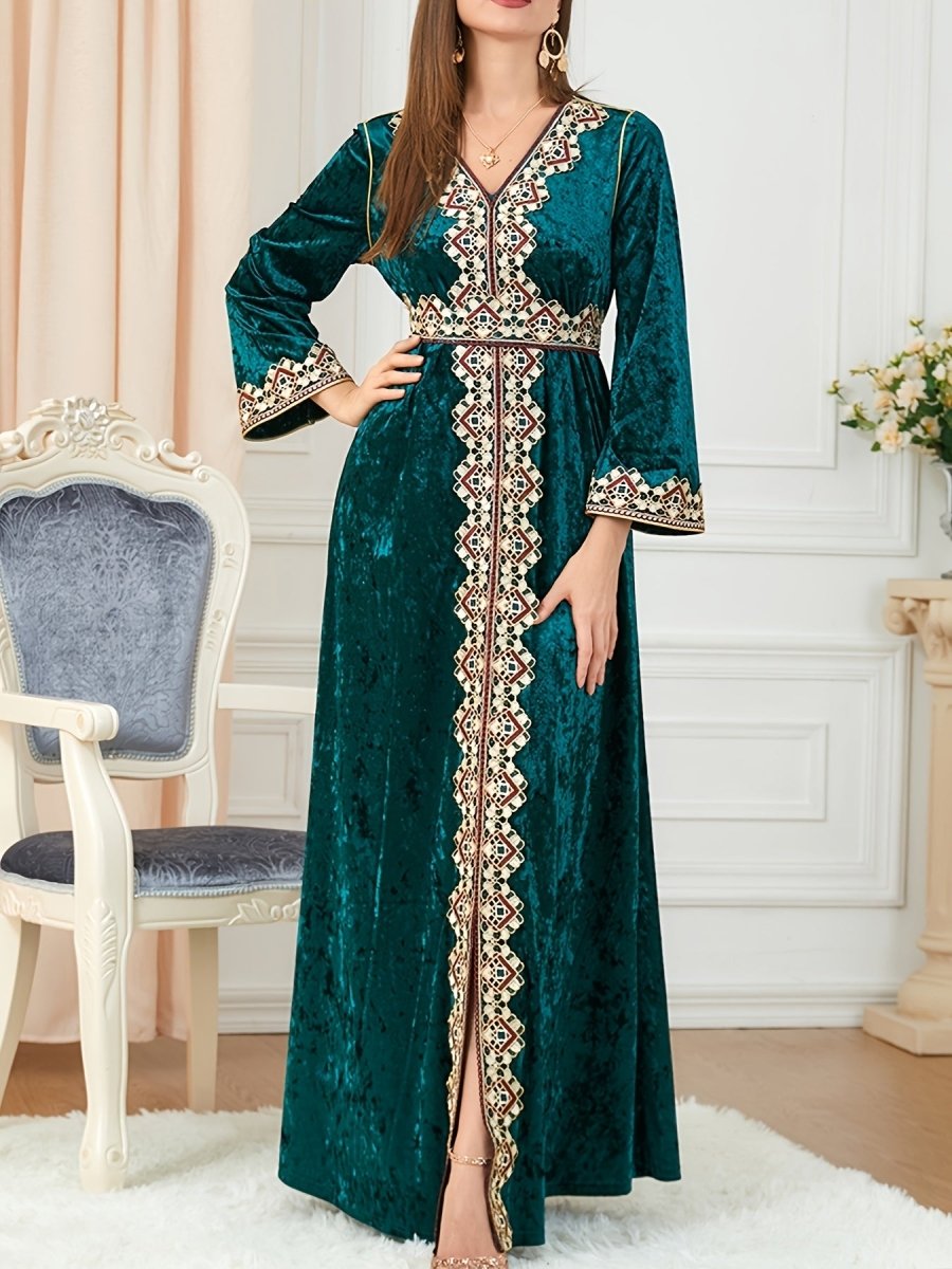 Elegant Velvet Embroidered Abaya Kaftan for Women – V - Neck Maxi Dress with Belt - Free Delivery Worldwide only at Flexi Africa