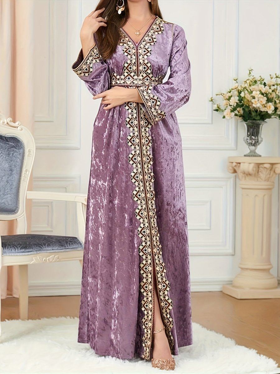 Elegant Velvet Embroidered Abaya Kaftan for Women – V - Neck Maxi Dress with Belt - Free Delivery Worldwide only at Flexi Africa