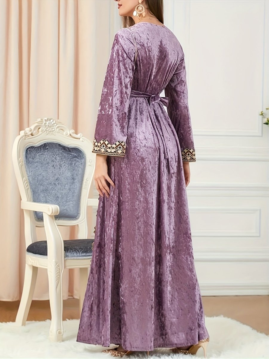 Elegant Velvet Embroidered Abaya Kaftan for Women – V - Neck Maxi Dress with Belt - Free Delivery Worldwide only at Flexi Africa